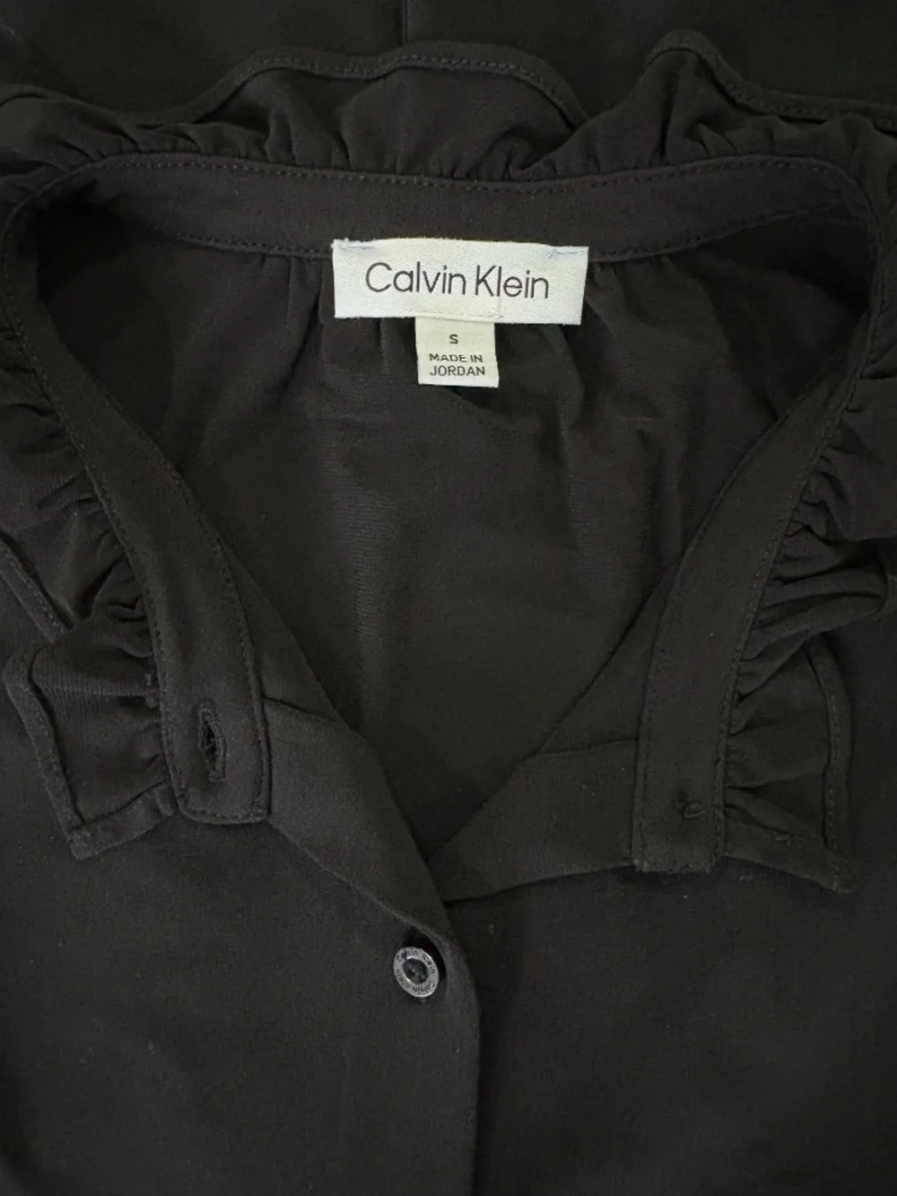 CALVIN KLEIN Jet Black Ruffle Collar Blouse WOMEN'S · SIZE SMALL · BUTTON FRONT - Picture 1 of 5